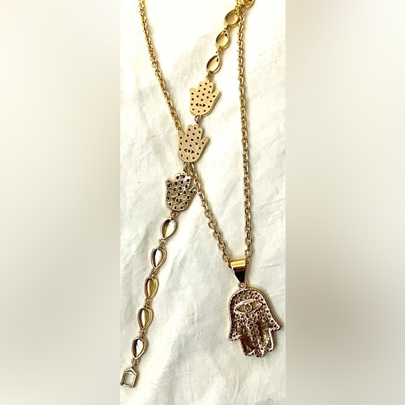 14k Gold Hamsa Third Eye Necklace Bracelet Jewelry Set Hand of Fatima Gift Sets - Picture 9 of 9